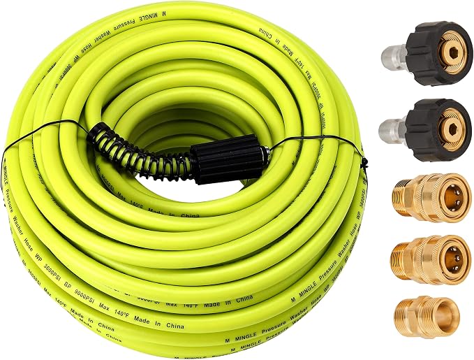 M MINGLE Pressure Washer Hose 100 FT x 1/4", M22 14mm Fittings, 3600 PSI | Replacement Power Wash Hose with 3/8" Quick Connect Kits, Kink Resistant, Ideal for Car, Driveway, Siding & Patio Cleaning