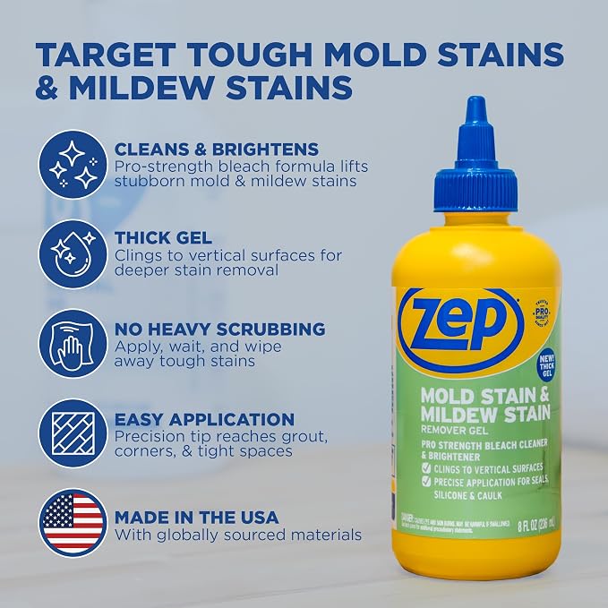 Zep Mold Stain & Mildew Stain Remover, Thick Gel - 8oz (Case of 12) | Cleans tough mold and mildew stains with a thick gel that clings to vertical surfaces for maximum coverage.