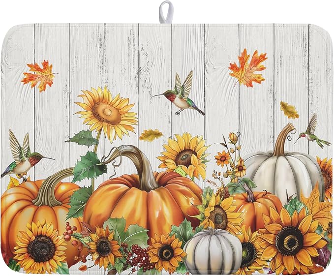 Autumn Harvest Pumpkin Dish Drying Mat for Kitchen Counter Sunflower Maple Leaves Fall Dish Drying Mat 18”x24” Thanksgiving Dishes Pad Dish Drainer Rack Mats Absorbent Fast Dry Kitchen Accessories