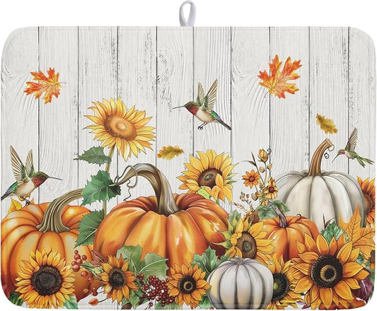 Autumn Harvest Pumpkin Dish Drying Mat for Kitchen Counter Sunflower Maple Leaves Fall Dish Drying Mat 18”x24” Thanksgiving Dishes Pad Dish Drainer Rack Mats Absorbent Fast Dry Kitchen Accessories