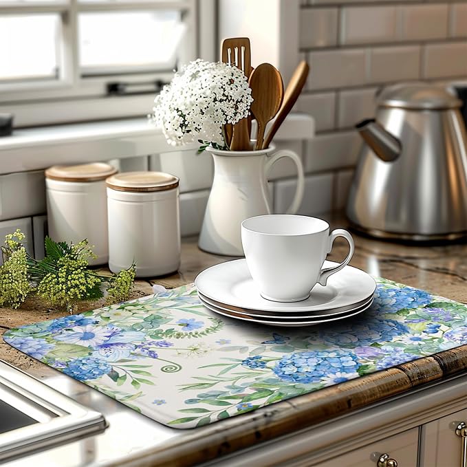 Blue Hydrangea Dish Drying Mat for Kitchen Counter 18 x 24 Inch Spring Floral Hummingbird Butterfly Absorbent Microfiber Dish Mat Reversible Washable Heat Resistant Dry Pad for Coffee Bar