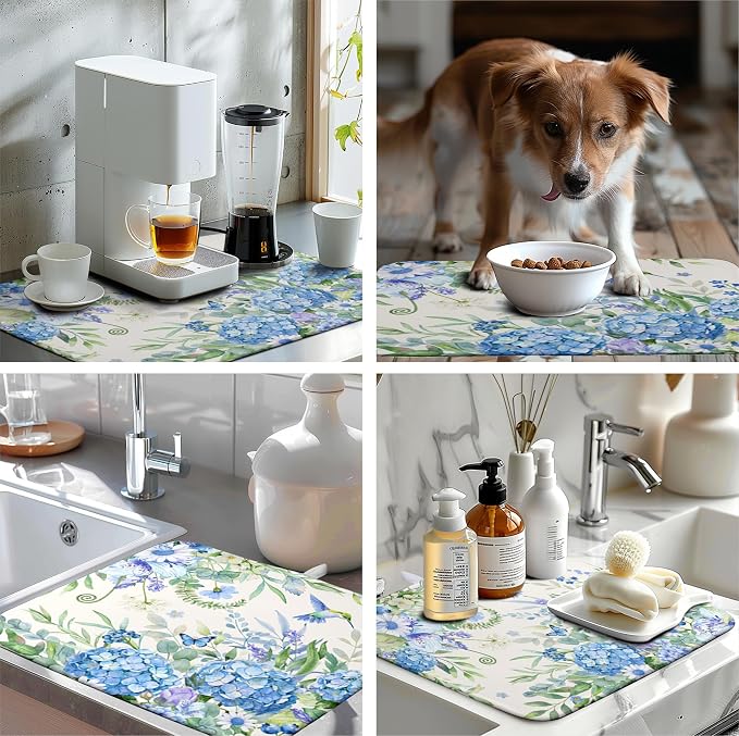 Blue Hydrangea Dish Drying Mat for Kitchen Counter 18 x 24 Inch Spring Floral Hummingbird Butterfly Absorbent Microfiber Dish Mat Reversible Washable Heat Resistant Dry Pad for Coffee Bar