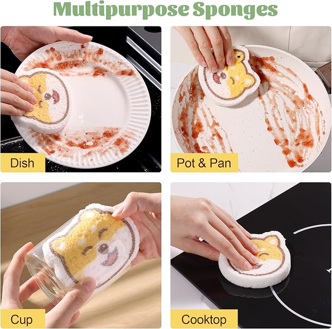 JOYMOOP Cartoon Kitchen Sponge, Cellulose Sponges for Cleaning, 4 Pack Non-Scratch Sponges for Washing Dishes, Reusable Sponge for Kitchen, Bathroom and Office - Doggy Pattern