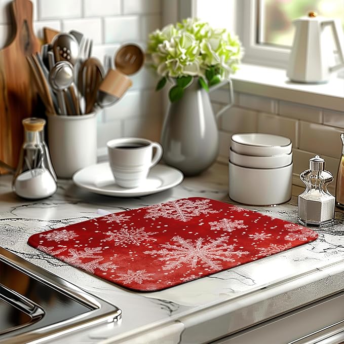 Christmas Dish Drying Mat for Kitchen Counter 16x18 Inch Red Snowflake Xmas Drying Pad Winter Holiday Dish Draining Mat Absorbent Microfiber Dish Drainer Rack Mat for Coffee Bar Kitchen
