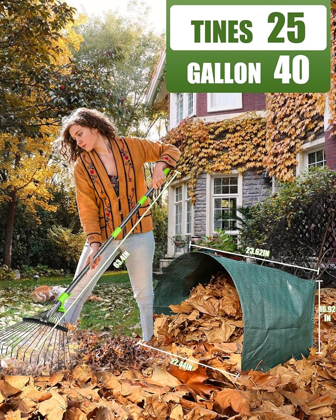 63.4 Inch Adjustable 18 Tines Metal Leaf Rake Set with 40 Gal Dustpan Bags | Adjustable garden rake, Leaf scoop set, Lawn debris collector, Metal tine rake,Outdoor yard tool,Garden shrub & grass sweeper