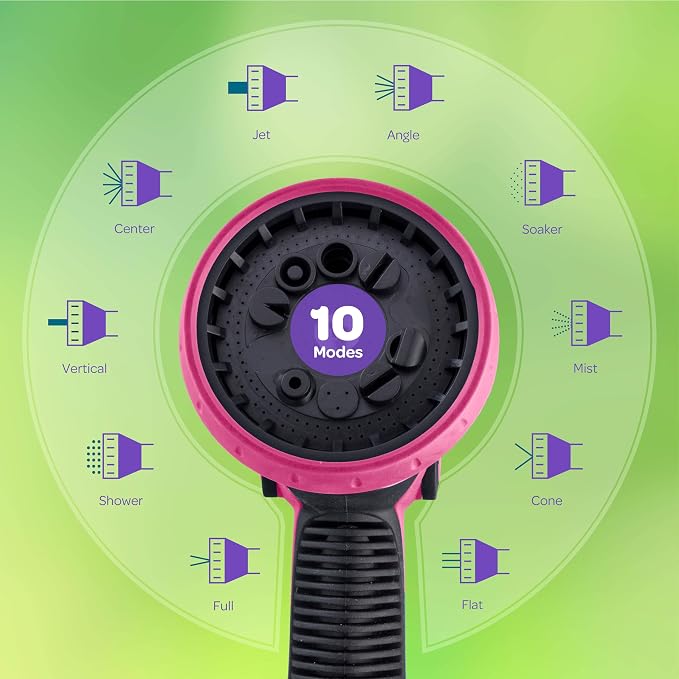 Hose Nozzle [Pink] Heavy Duty Hose Sprayer With 10 Adjustable Watering Patterns. Thumb Control Design, Comfortable Ergonomic Grip, Garden Hose Nozzle for Watering Plants & Lawns/Fun showers/Cleaning
