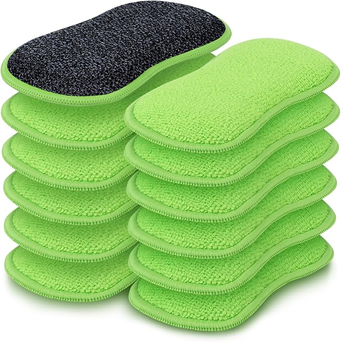 HOMEXCEL 12 Pack Multi-Purpose Scrub Sponges Kitchen Dish Sponge Non-Scratch Microfiber Sponge for Efficiently Cleaning Dishes Pots Pans, Green