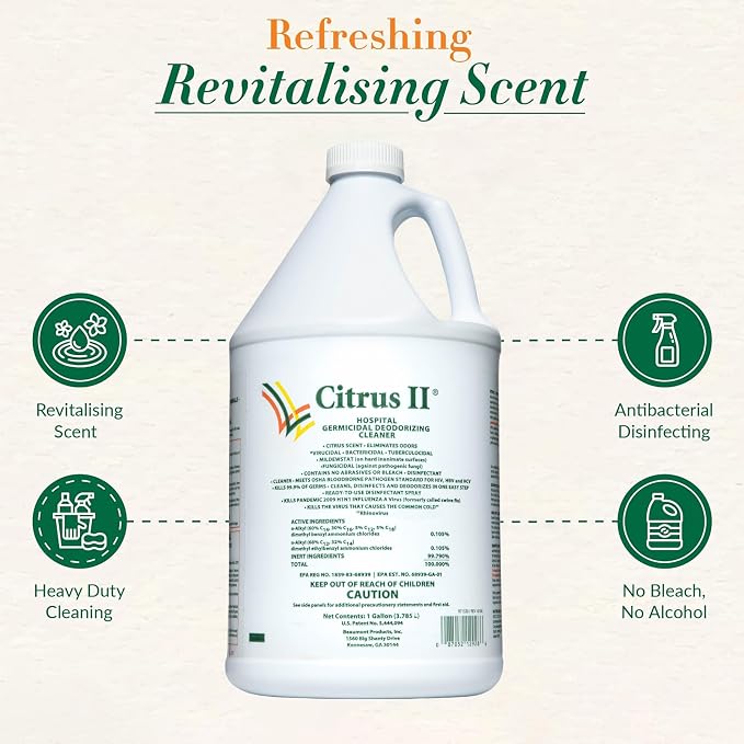Citrus II Hospital Germicidal Deodorizing Cleaner - Fresh Citrus Scent - 1 Gallon - Refill - Disinfecting Cleaner - Pack of 4