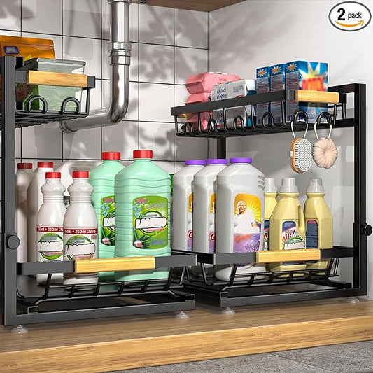 Sevenblue 2-Pack 2-Tier Height Adjustable Under Sink Organizer & Storage | Multi-purpose storage for kitchen & bathroom cabinet. Extra Large black shelf, height adjustable design for space-saving.