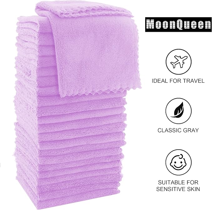 MOONQUEEN Ultra Soft Premium Washcloths Set - 12 x 12 inches - 24 Pack - Quick Drying - Highly Absorbent Coral Velvet Bathroom Wash Clothes - Use as Bath, Spa, Facial, Fingertip Towel (Purple)
