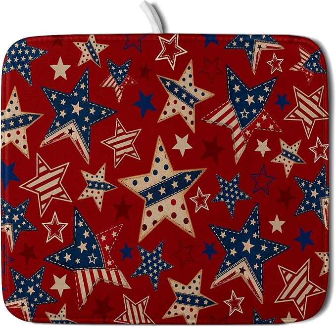 4th of July Dish Drying Mat for Kitchen Counter Patriotic Red Absorbent Dishes Dryer Pad