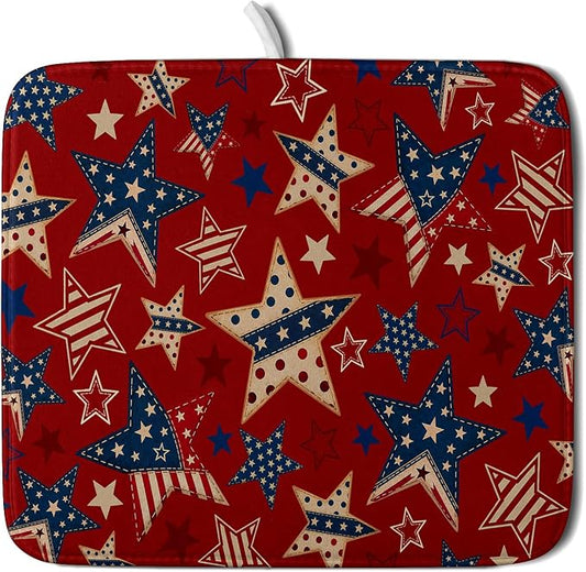 4th of July Dish Drying Mat for Kitchen Counter Patriotic Red Absorbent Dishes Dryer Pad