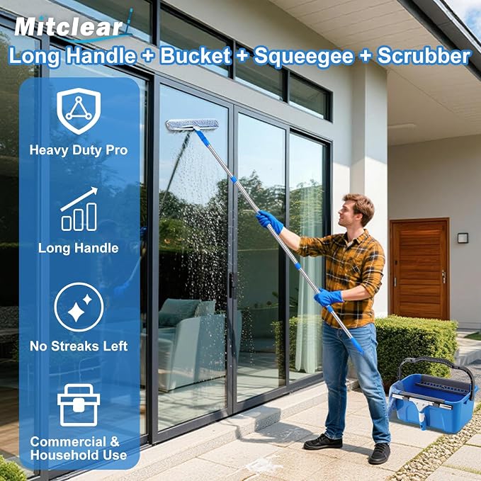 Mitclear Professional Window Cleaning Kit with Bucket 3 Gallon, 14" Window Squeegee Microfiber Scrubber with 77" Long Handle, Window Washing Equipment Cleaner Tools for Home Outdoor Car Commercial Use | Professional Window Washing Equipment, 77'' Long ...