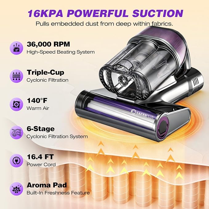 SakerPlus Powerful Bed Vacuum Cleaner,16KPa Mattress Vacuum with 36,000 Pulses/Min Beating & 140°F Warm Air, 3-Cup Cyclone System, Smart Display, Handheld Vacuum for Bed Sofa Couch Pet Hair