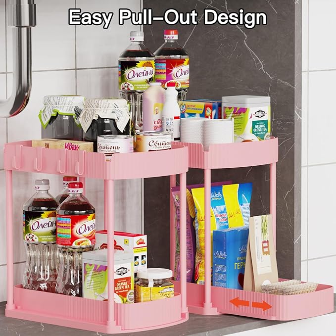 Ukeetap 2 Pack Multi-Purpose Pull-Out Storage Organizers, Under Sink & Cabinet Organizers, 12.8 Inch Pink