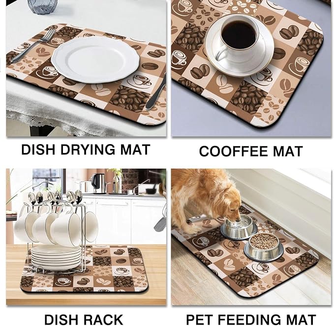 Coffee Bar Mat Accessories for Countertop Super Absorbent Anti-Slip Silicone Dish Drying Mats Kitchen Counter Draining Pad Decor Gift Fit Maker Pot Espresso Machine 24inx18in, (DS)