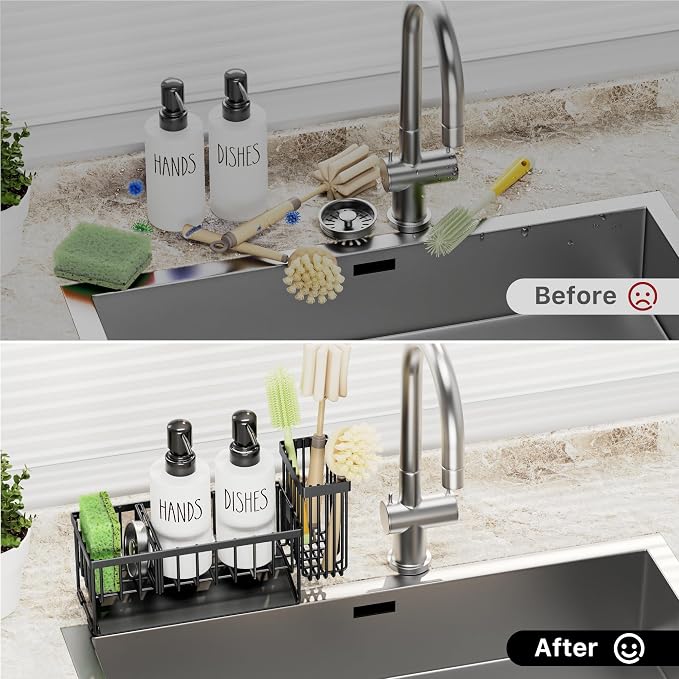 MASADI Kitchen Dish Soap Dispenser Set with Sponge Holder, 12OZ Glass Bottle, Hand and Dish Soap Dispenser Set, Non-Slip Silicone Pad, Brush Holder, Kitchen Sink Organizer Countertop (Black+White)