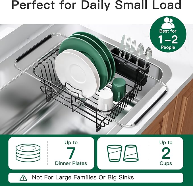 Apartment RV Small Dish Drainer Drying Rack Over The Sink In Stainless Steel for Narrow Kitchen, Counter Space Saving Compact Expandable Metal Plate Dryer Strainer, Black Adjustable Wire Drain Holder