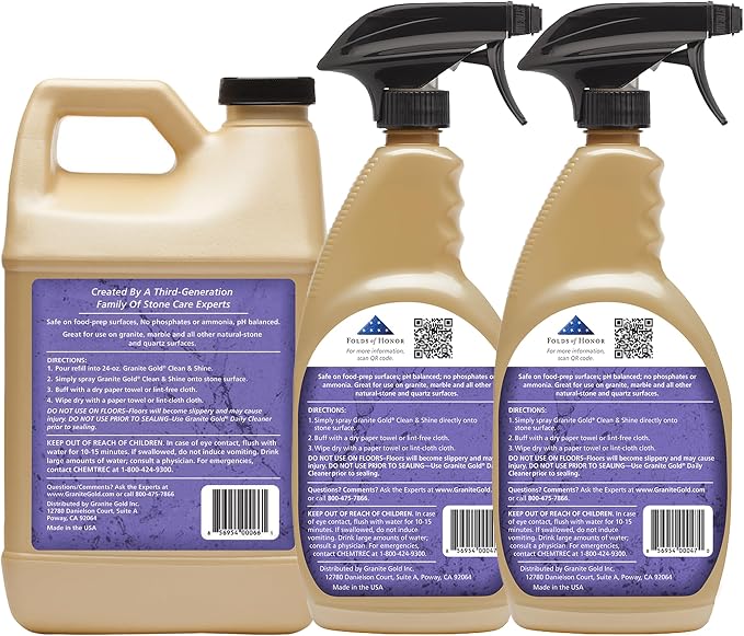 Granite Gold Clean and Shine Spray for Granite, Marble & Other Natural Stone & Quartz Surfaces, 1 x 64 Fl. Oz. & 2 x 24 Fl. Oz., 3-Pack