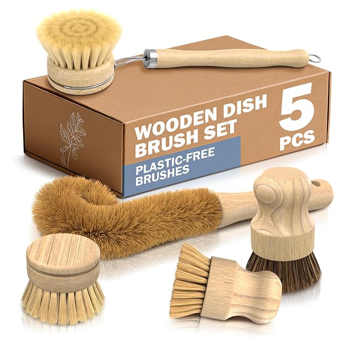 5 Pcs Bamboo Dish Brush Set, Non-Scratch Bristles, Replacement Head | Bamboo Dish Scrubber for Pots, Bottles & Vegetables; Soft for Delicate, Stiff for Stuck-On Messes; Bottle Brush Included