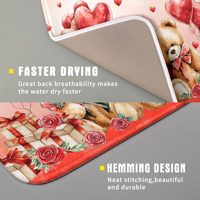 Valentines Day Dish Drying Mat Bear Lover Absorbent Kitchen Drying Mats for Countertops 18 X 16