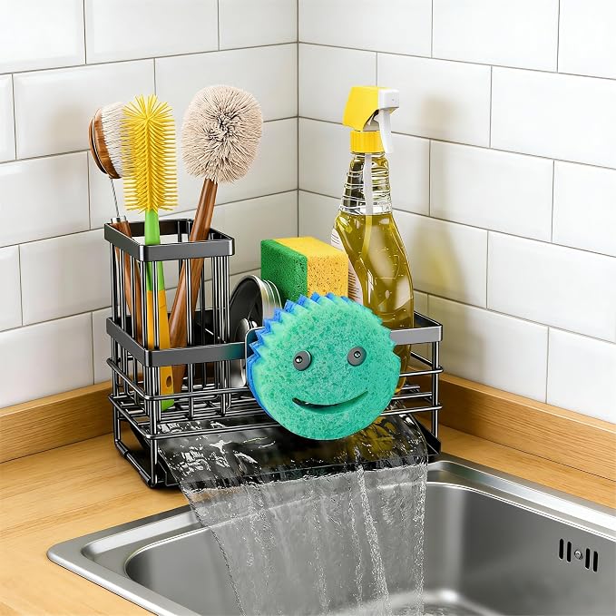 Cisily Sink Caddy Sponge Holder for Kitchen with Brush Holder and Stainless Steel Self Drain Tray, Rustproof Kitchen Sink Organizer for Sponge, Soap Dispenser Storage Accessories