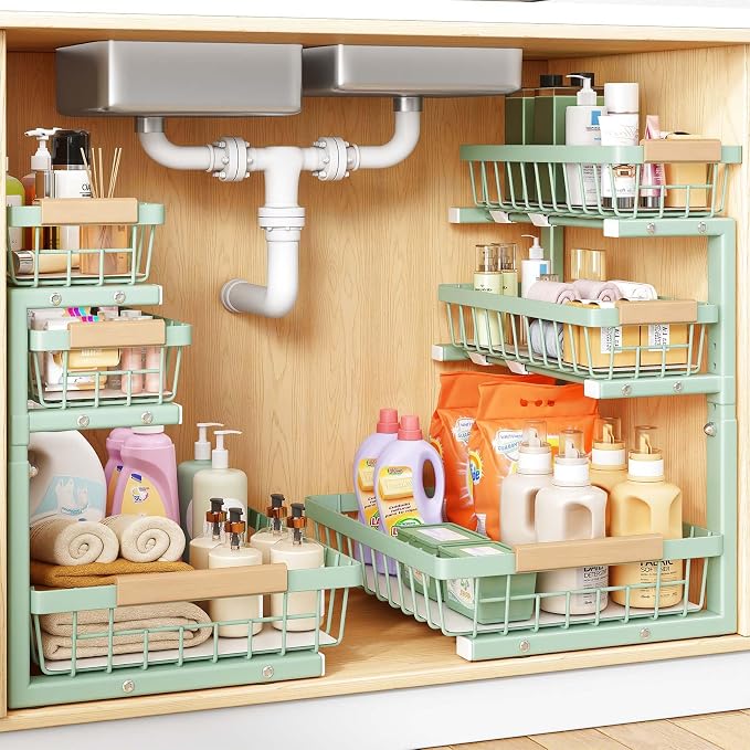 PXRACK Under Sink Organizer, 2-Pack 3-Tier Height Adjustable Thickened Metal Pull out Cabinet Organizer Shelf, Slide out Storage Drawer Rack for Bathroom Kitchen Pantry Home Organization, Green