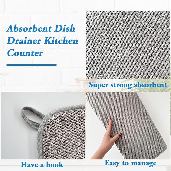 2 Pack Large Dish Drying Mat,24x17 Inch Absorbent Microfiber Dishes Drainer Mats,Dish Drying Pad for Countertops,Sinks,Draining Racks(Gray)