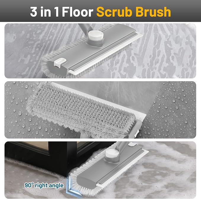 3 in 1 Floor Scrub Brush with Long Handle & Squeegee | Heavy-Duty, Adjustable, 360° Rotating Head for Cleaning Tile Bathroom Deck Kitchen Patio, Gray
