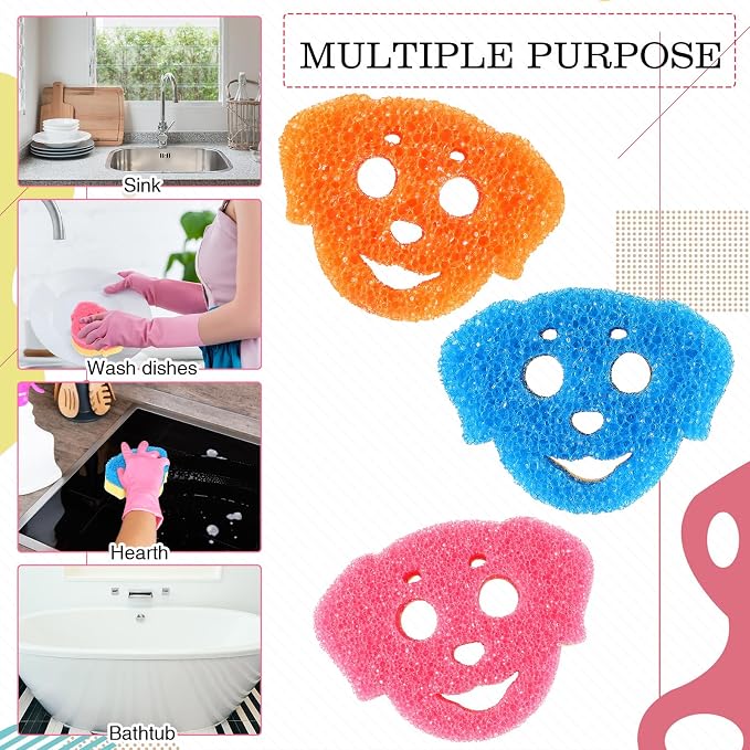 FillTouch 3 Pcs Dual Sided Scrub Sponge Multi Functional Cute Temperature Sensitive Non Scratch Dish Sponge for Washing Dishes Kitchen Bathroom(Dog,Pink, Orange, Blue)
