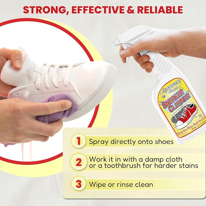 Grandma's Secret Sneaker Cleaner for Rubber, Canvas, Leather - Stain Remover Spray Removes Dirt, Grime, Grass - Shoes Cleaner for Outdoor Slippers, Moccasins - 16 oz, 2 Pack