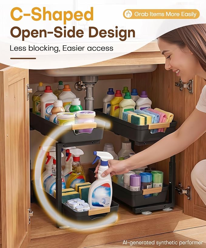 Homde Sliding Under Sink Organizer: 2 Pack 2-Tier Cabinet Shelf with Upper & Lower Pull-Out Baskets - C-Shaped 3 Adjustable Heights for Kitchen Bathroom