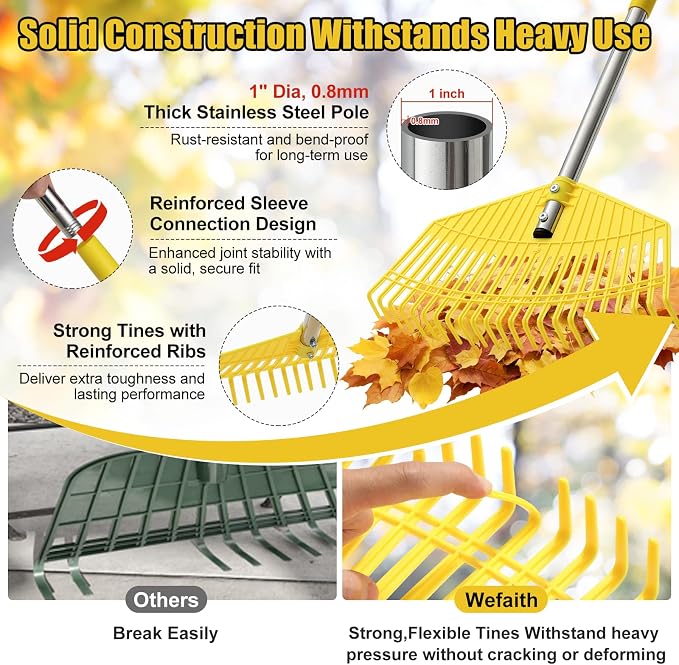 Plastic Leaf Rake for Lawns - Lightweight & Anti-Break Nylon Head, 16.5'' Wide Yard & Garden Rake for Leaves, Grass, Pine Needles, Adjustable Long Handle Easy Use for Women,Seniors,Kids