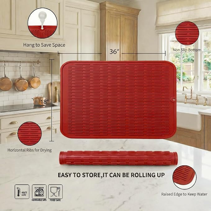 MicoYang Silicone Dish Drying Mat for Multiple Usage,Easy clean,Eco-friendly,Heat-resistant Silicone Mat for Kitchen Counter or Sink,Refrigerator or Drawer Liner Red 5XL 36inches x 18inches