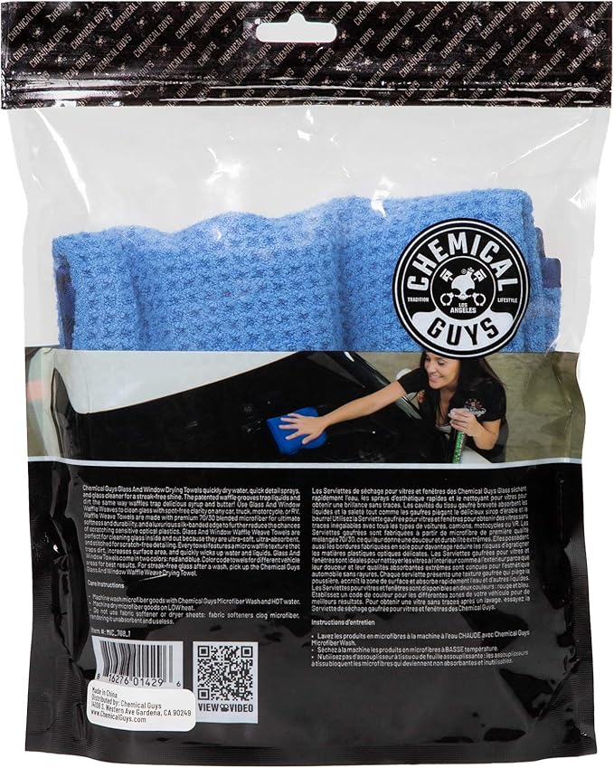 Chemical Guys Waffle Weave Glass Cloth Microfiber Towel, Blue, 24 x 16 | Waffle-weave towel wipes glass, mirrors and windows streak-free, scratch-safe for cars, trucks and home
