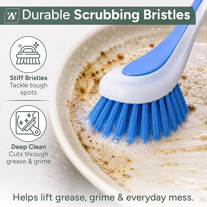 Zuvo Dish Brush Set of 3 with Suction Cup – Dish Scrubber & Cleaning Brush | Long-handle kitchen scrub brush, PET bristles, for dishes, pots, pans, sink & cast iron, 3 assorted colors, suction base