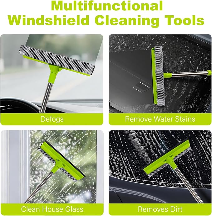 Window Squeegee with 15-24" Long Handle, 2-in-1 Squeegee Cleaner Tool, Retractable Stainless Steel Handle for Car Windshield, Shower Glass, Glass Doors, Outdoor Windows, High Windows
