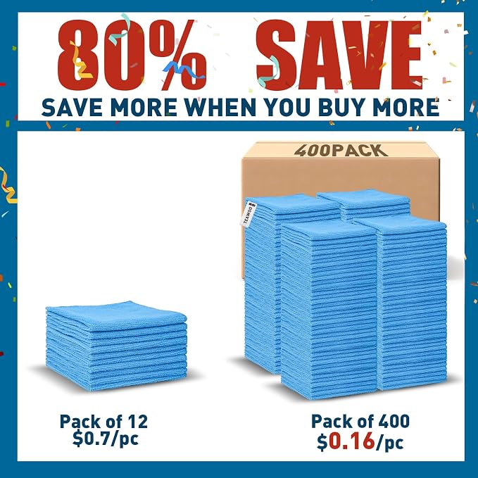 TEAWOO Blue Microfiber Towels Bulk-400 Pack, Cleaning Cloths Bulk, Microfiber Towels for Cars, Cleaning Rags Blue (12x12 inches)