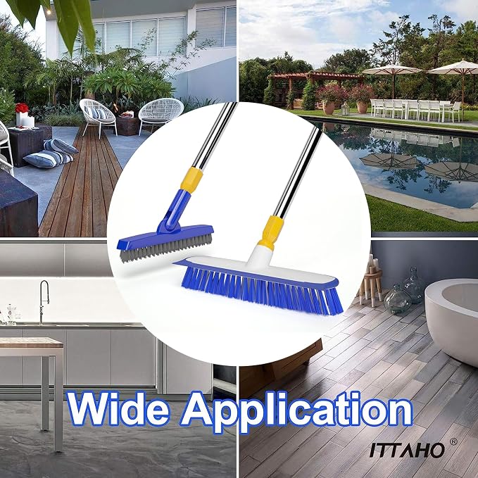 12" Wide Floor Scrub and Grout Brush Set With Long Extendable Handle - Stiff Bristle Heavy Duty Cleaner for Tile, Deck, Garage, Kitchen, Bathroom
