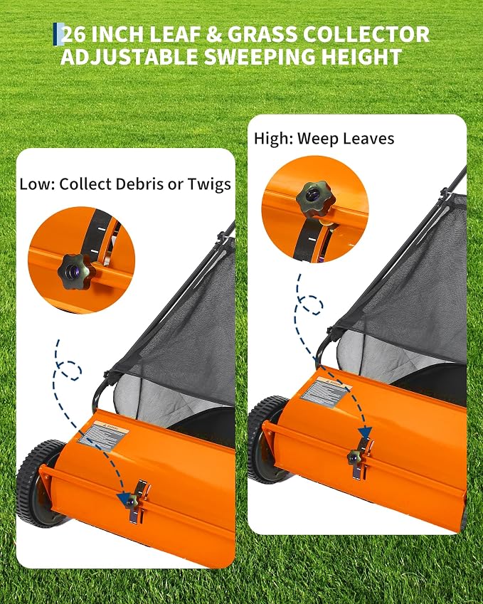 Garvee 26" Push Lawn Sweeper, Heavy Duty Walk Behind Leaf Collector | Yard Sweeper for Outdoor, Patio, Driveway, Garden Grass Sweepers, 4 High Speed Spinning Brush, 7 Cu. ft Hopper Capacity