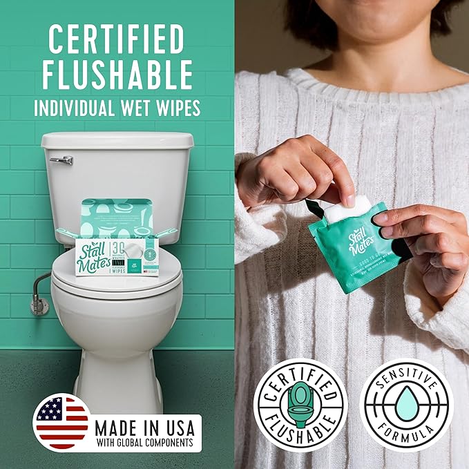 Stall Mates - Flushable Wipes, Individually Wrapped, Travel Friendly, Unscented with Cucumber, Vitamin-E & Aloe (90 on-the-go singles) BULK PACK