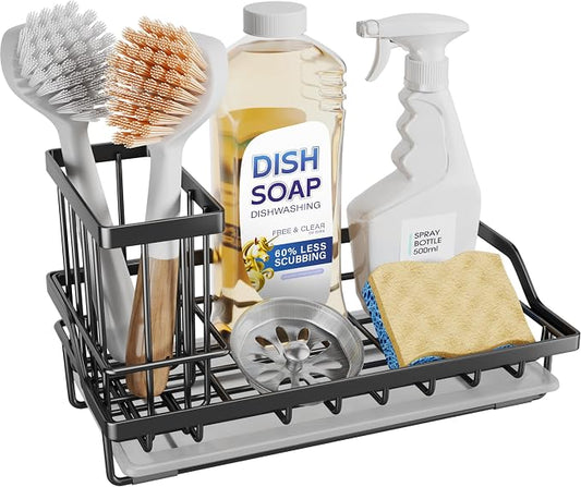 SWTYMIKI Large Sink Caddy Kitchen Sink Organizer with Detachable Brush Holder, Stainless Steel Sponge Holder with Removable Drip Tray Sponge Caddy for Kitchen Countertop, Black