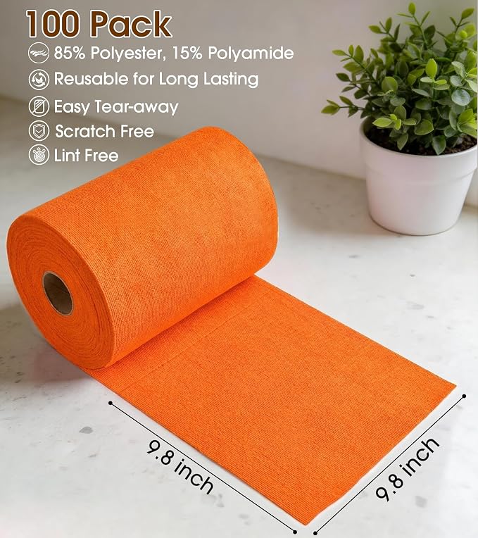 KitchLife Microfiber Cleaning Cloth Roll, 100 Pack - Tear-Away Microfiber Paper Towels, Lint-Free, Reusable, Washable for Kitchen, Car, Dishes, and Sensitive Surfaces (Coral)