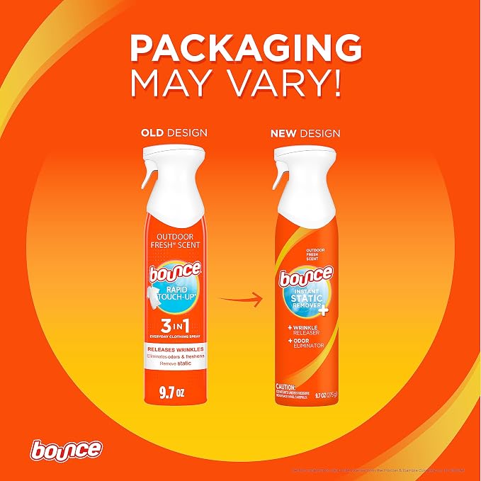 Bounce 3 in 1 Instant Anti Static Spray & Wrinkle Release, Odor Eliminator & Fabric Refresher (Fresh Scent, 9.7 Fl Oz, Pack of 2)