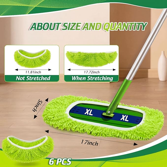 Toulite 6 Pcs Reusable Mop Refill Pads Replacement Compatible with Most XL Sweeper 17" x 5" Microfiber Mops Head Floor Cleaning Supplies (Handle is Not Included) (Green)