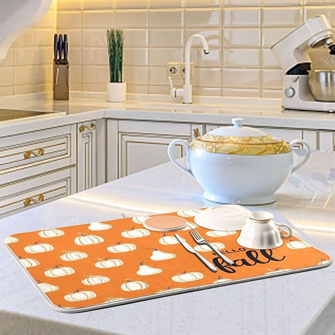 Hello Fall Burnt Orange Dish Drying Mat for Kitchen Countertop 18x24 Autumn Pumpkin Large Drying Mat Reusable Quick Dry Dish Sink Mats Easy Clean Decorative Essentials