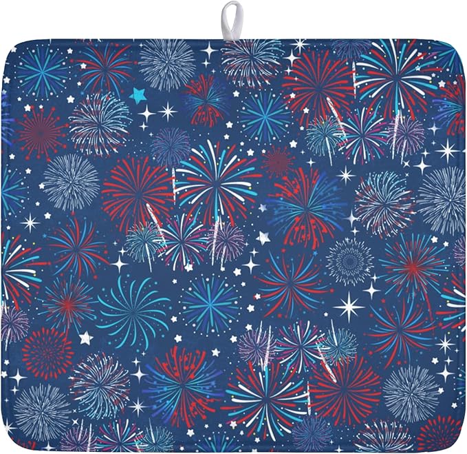 4th of July Patriotic Dish Drying Mat for Kitchen Counter 16 x 18 Inch Independence Day Dish Drainer Mat Absorbent Microfiber Firework Dish Rack Pad for Coffee Dining Bar Decor