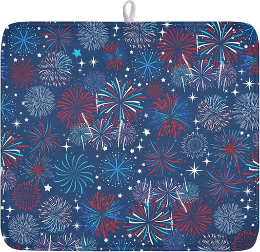 4th of July Patriotic Dish Drying Mat for Kitchen Counter 16 x 18 Inch Independence Day Dish Drainer Mat Absorbent Microfiber Firework Dish Rack Pad for Coffee Dining Bar Decor