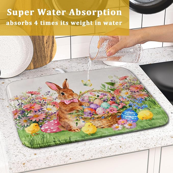 Spring Easter Dish Drying Mat for Kitchen Counter Colorful Egg Holiday Decoration Cloth Dish Mats Small