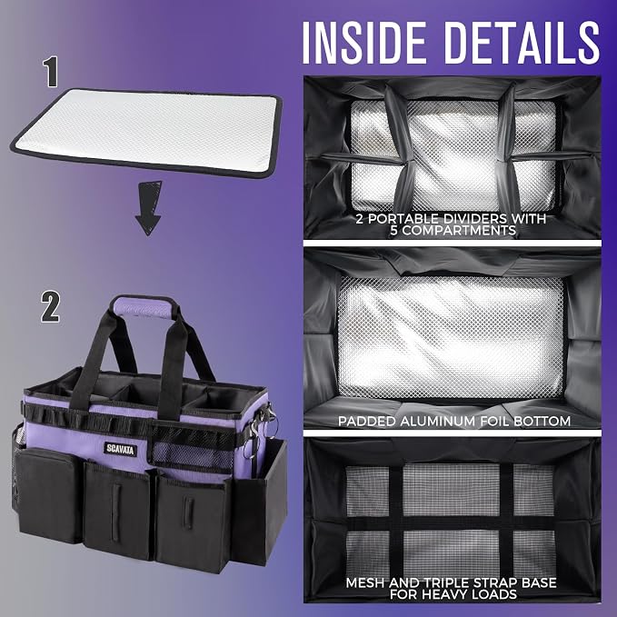 SCAVATA Wearable Cleaning Caddy Bag, Cleaning Caddy Supplies Organizer with Handle & Shoulder Straps for Housekeepers, Under Sink & Car Cleaning Tool Organizers with 4 Foldable Divider (Purple)